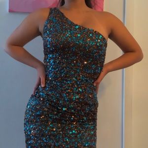 Cute Scala one-shoulder blue & brown sequin dress